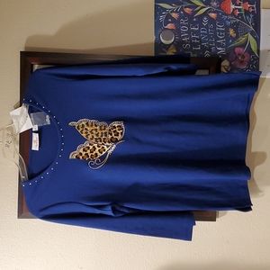 Blue Knit Top with Embellished Leopard Print Butterfly Appliques